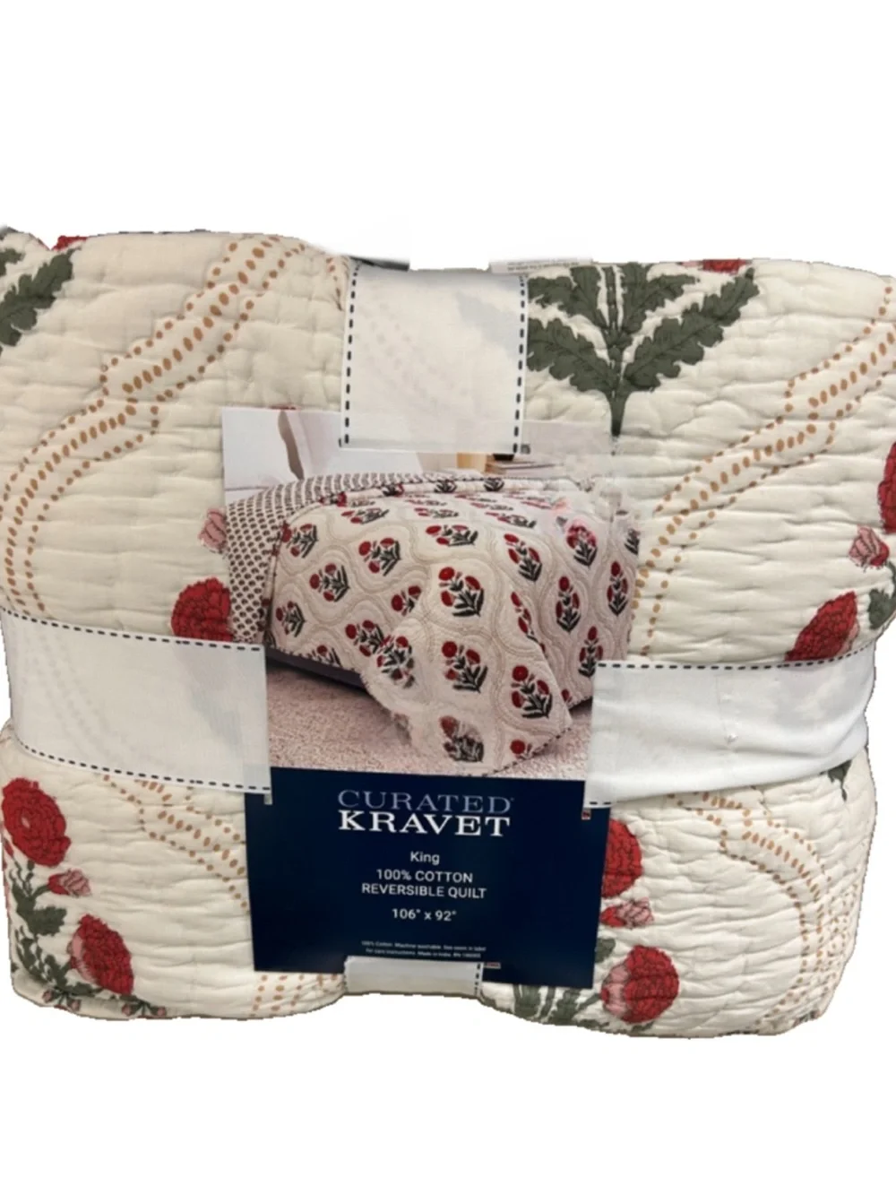Curated Kravet Red, Cream and Green Cotton Reversible King Quilt Set 106”x92”